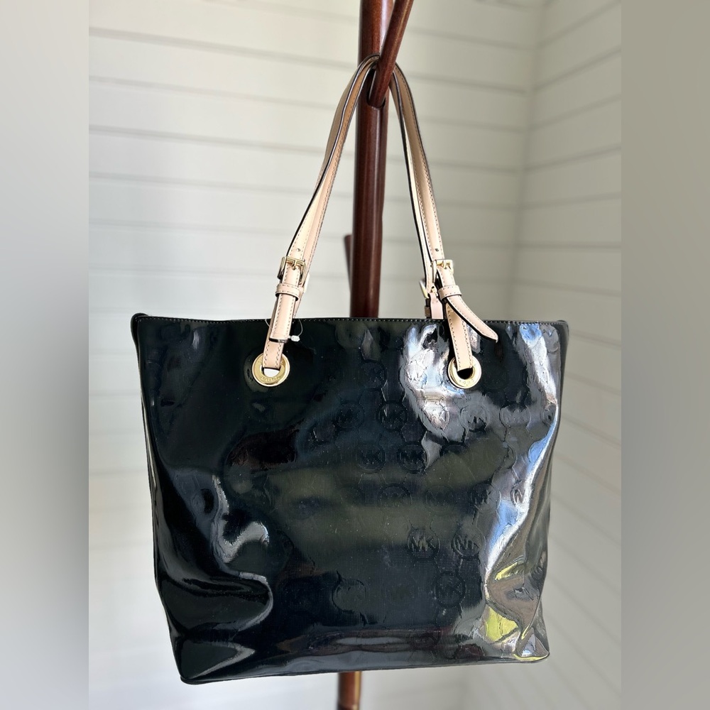 Michael Kors Black Patent Tote with Beige Handles